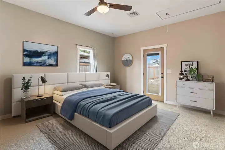 Virtually staged primary bedroom