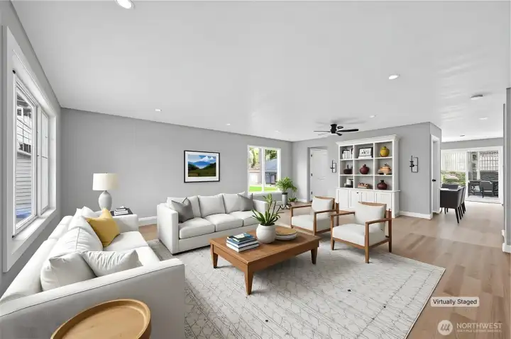 Virtually staged living room from front door