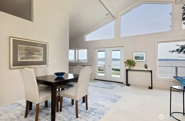 Vaulted ceilings in the light bathed great room.