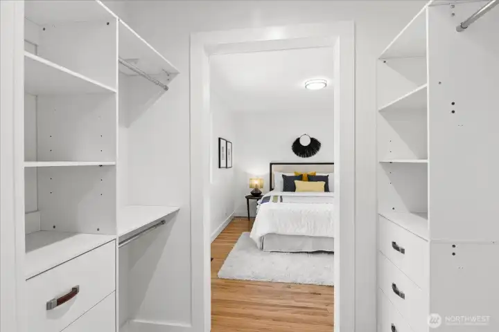 Custom built-ins add style and practical storage to the primary suite