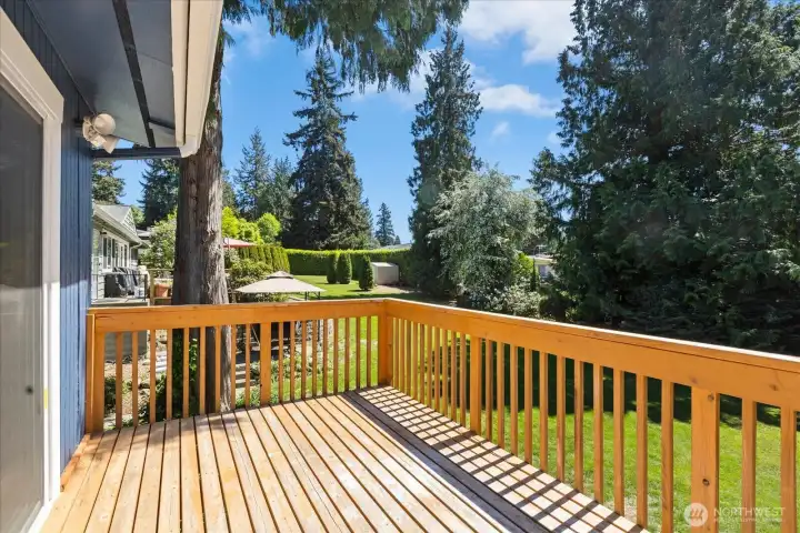 Deck overlooking the backyard and surrounding greenery