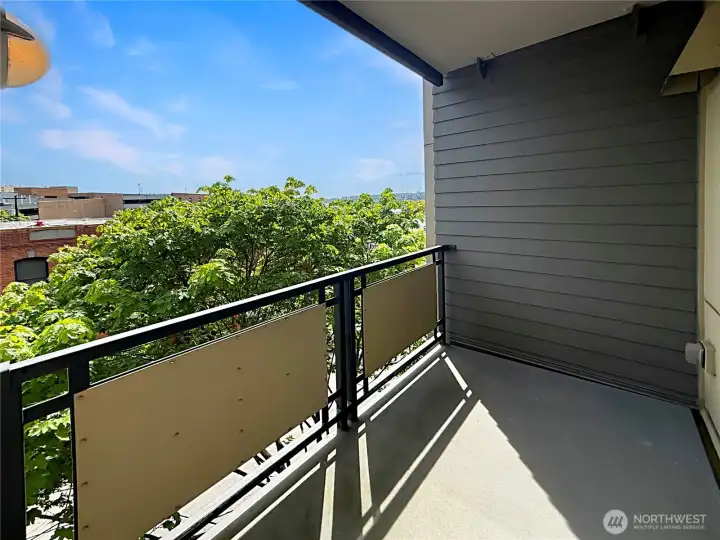 Covered balcony with views of the city and trees