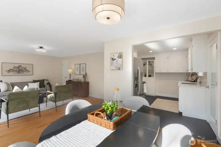 Easy flow between the open living and dining spaces into the kitchen
