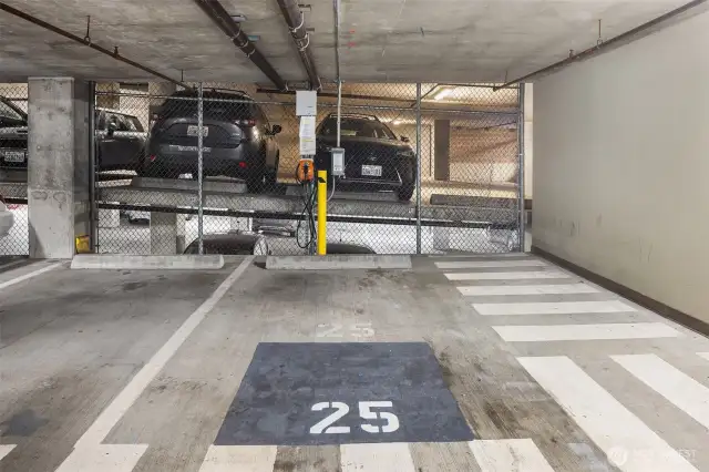 Common Area EV Charging station in the garage. You can reserve a time, if you want.