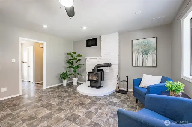 Family Room looking towards hall to entry, 1/2 bath and laundry and garage