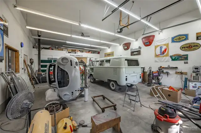 Inside the shop - Ductless Mini-split and woodstove for year round comfort!