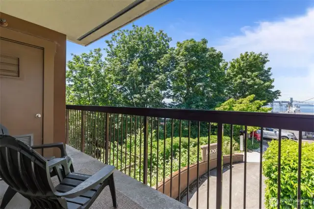 Deck off living room with storage