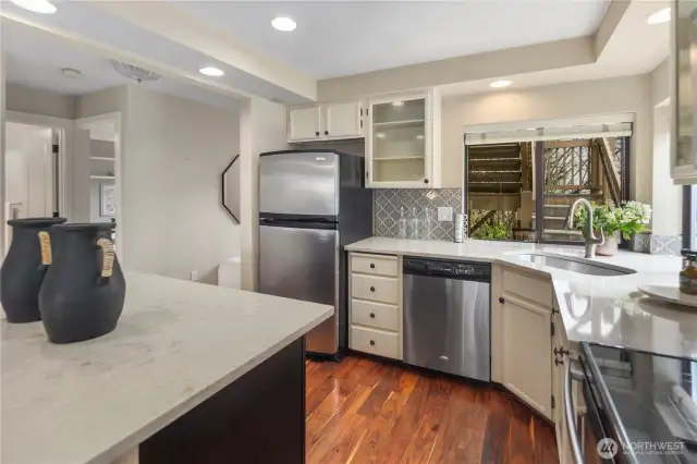 Stainless appliances complement this kitchen.