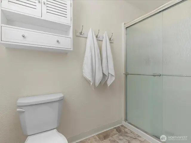 Primary bathroom with newer shower has lots of natural light with the skylight. Ask your agent to provide the seller's notes and updates list.