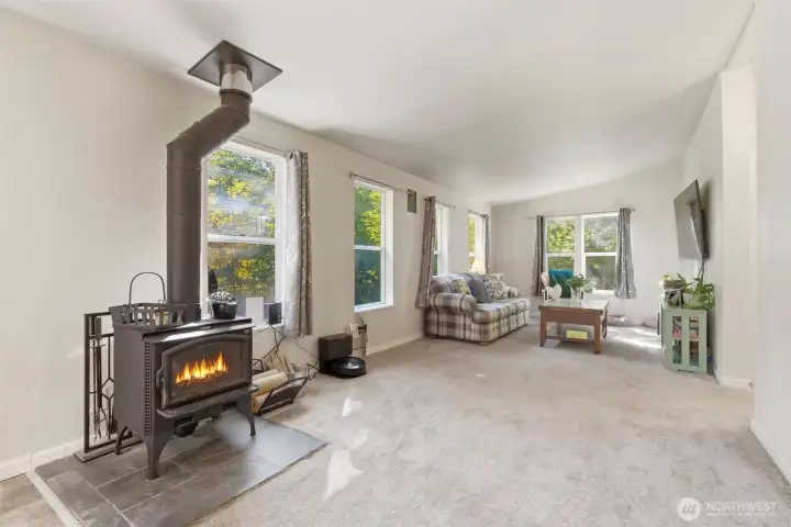 Wood burning fireplace in the large living area