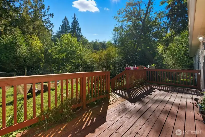 Large deck leads to fully fenced backyard
