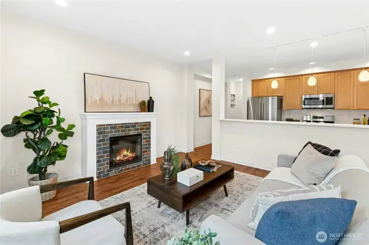 Wired for TV above fireplace with plenty of space to entertain.