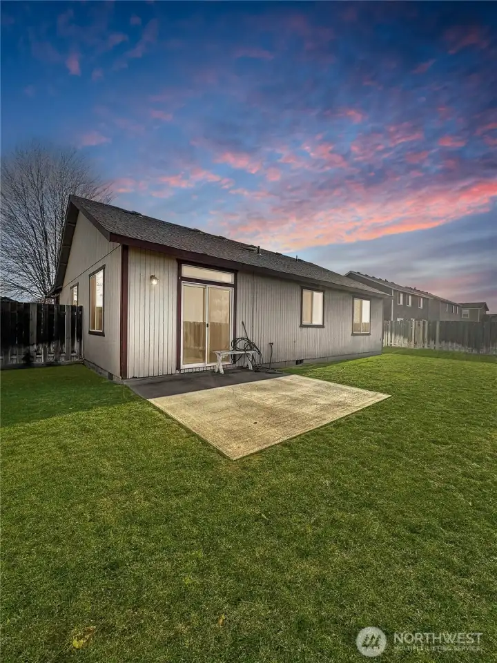 Rear View Of Home, Large Patio & Fenced Rear Yard, Dog Kennel, Underground Sprinklers