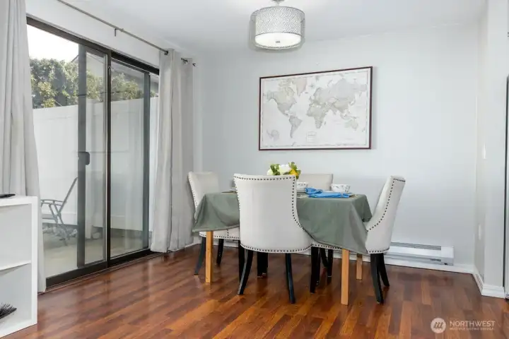Dining room effortlessly flows to backyard for dining and entertainment.