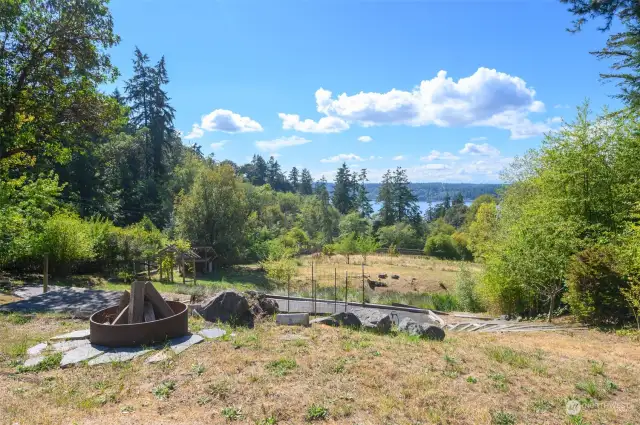 View overlooking picturesque fields, west passage, Olympic Mountains