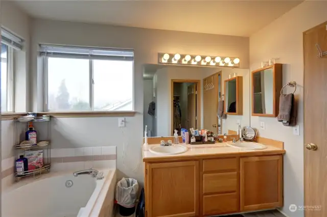 Primary bath with soaking tub, separate shower and dual sinks