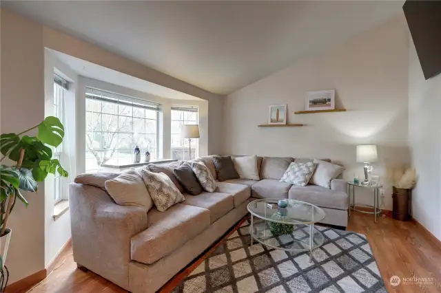 Vaulted ceiling in the living room with bay window - lets in lots of light.