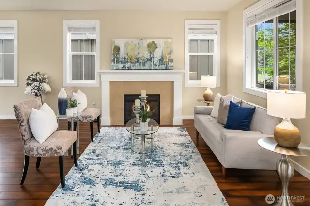 A cozy fireplace in the living room creates the perfect ambiance for relaxing or entertaining.