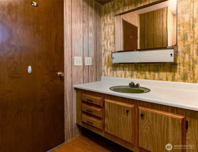 Main bath has lots of storage and counter space.