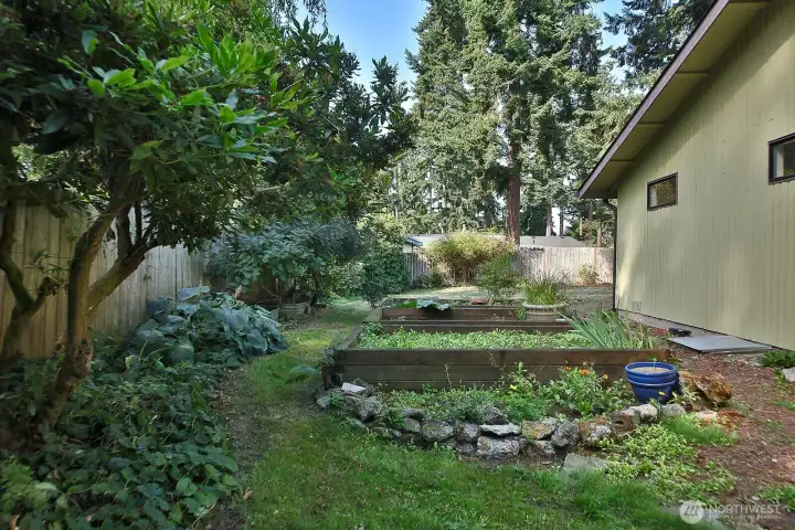 South side of the home with garden beds. The open living/dining room is located on this side of the home.