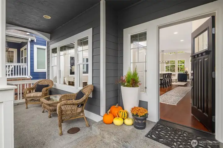 Deep front porch and covered entry