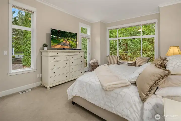 Spacious Primary Suite with loads of windows and door to back English Slate patio