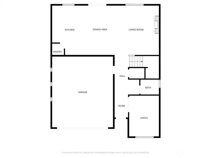 Main level floorplan with living space, half bathroom, and office
