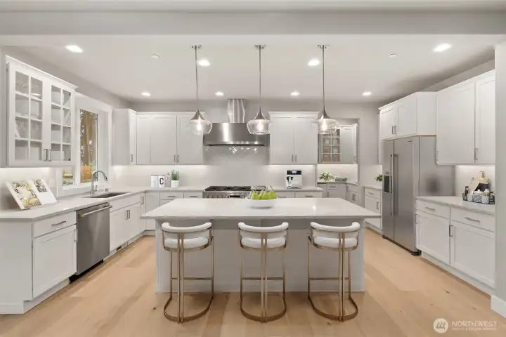 Luxurious Kitchen with hardwood floors, designer lighting, slab quartz counters.