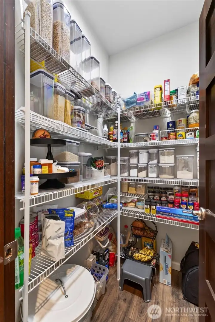 Spacious walk-in pantry provides exceptional storage and organization for groceries, small appliances, and household essentials.