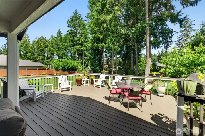 Spacious composite deck provides the perfect setting for outdoor dining, relaxing, and entertaining.