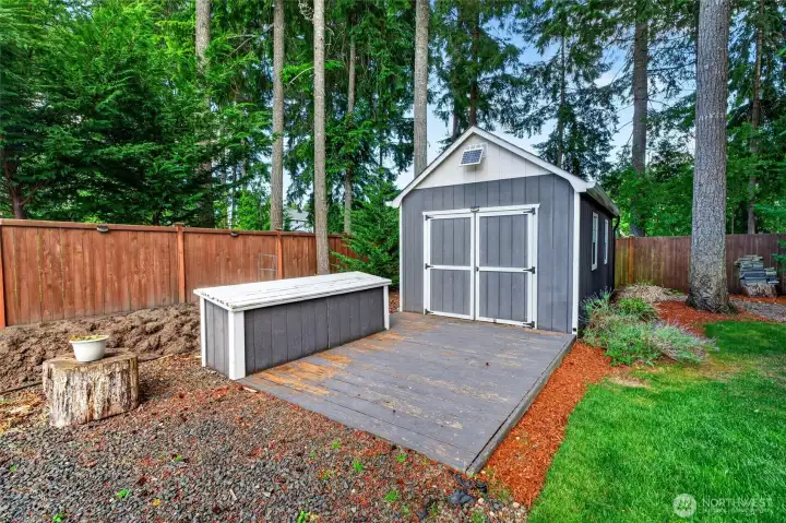 Detached storage shed provides valuable space for tools, equipment, hobbies, and seasonal storage.