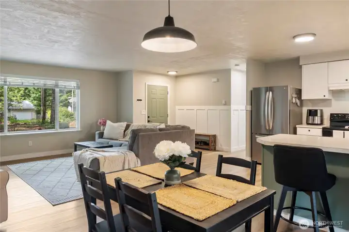 Kitchen with eat-in bar seating.