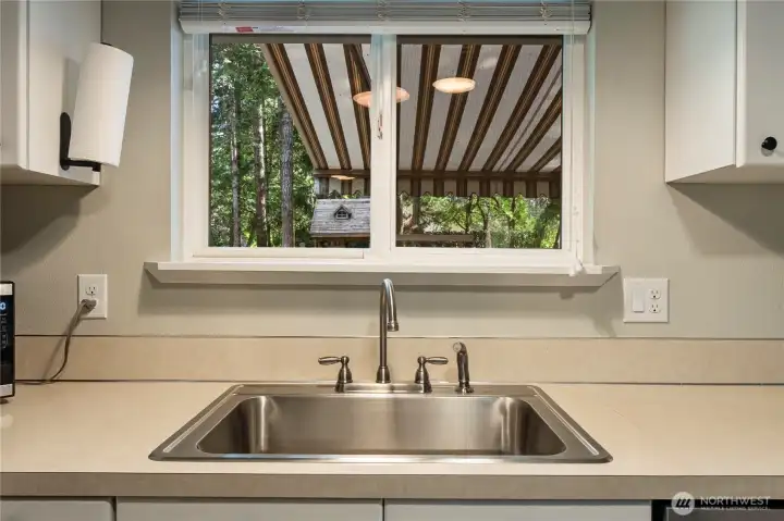 Kitchen looks to the backyard