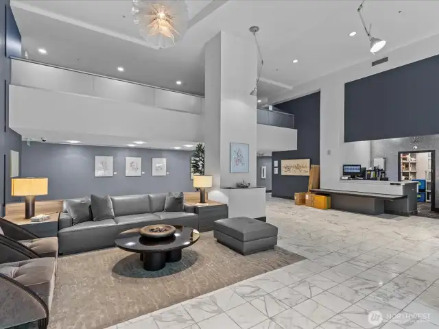 Beautiful lobby features a quarterly change of art.