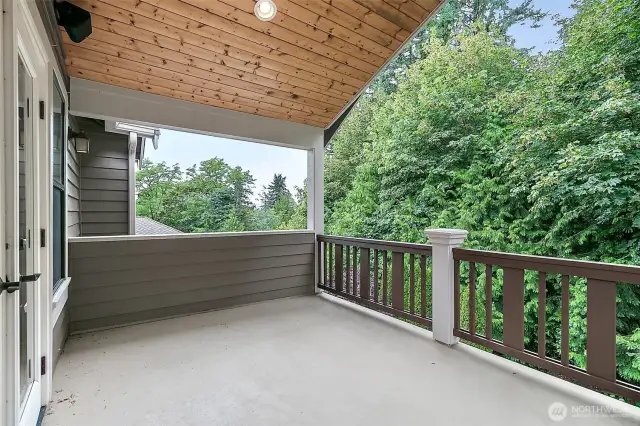 Beautiful tongue-and-groove ceilings add warmth and character to the deck off the primary suite—your private outdoor retreat.