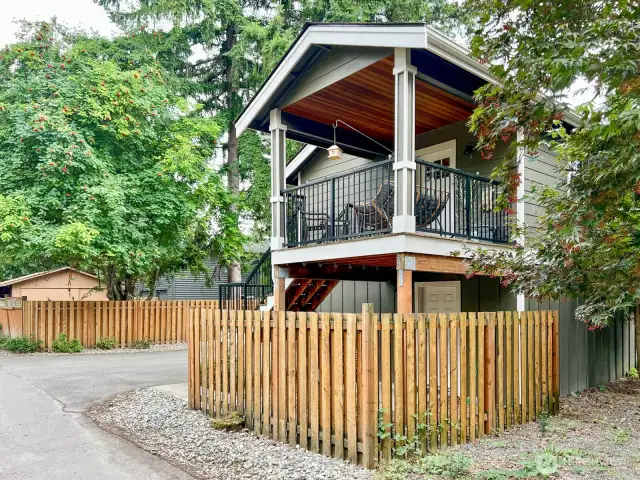 Entrance to detached ADU and garages off alley.