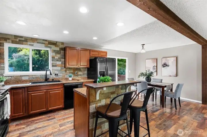 The island is on wheels for ann interchangeable kitchen feel.