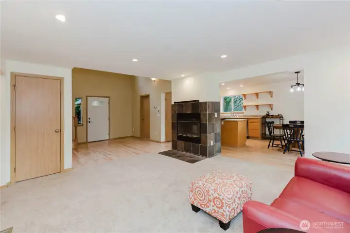 The family room flows seamlessly into the dining area and kitchen for easy entertaining.