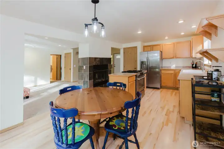 The dining area is easily accessible from the kitchen and family room.