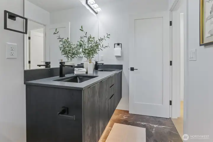 Floating Cabinet with Double Sinks, Under-Cabinet Lighting and Heated Floors