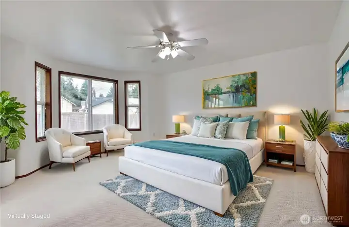 Primary suite view, generous in size, love the large bay windows! ***Virtually Staged***