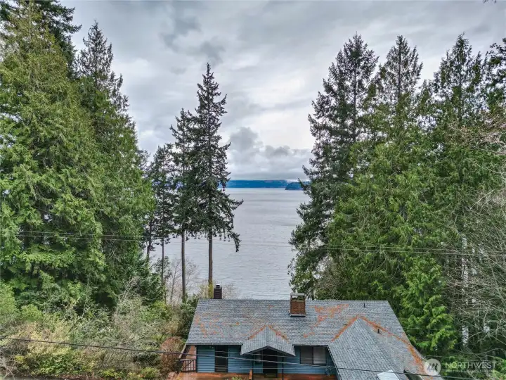 High bank waterfrotn view framed by mature trees. View looks across Hood Canal to Brinnon