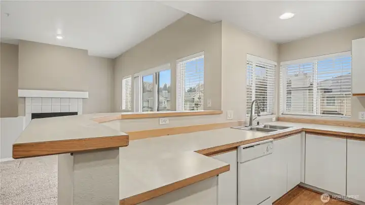 A beautifully lit space with charming windows above the sink, offering natural light and a perfect view while you cook or clean.