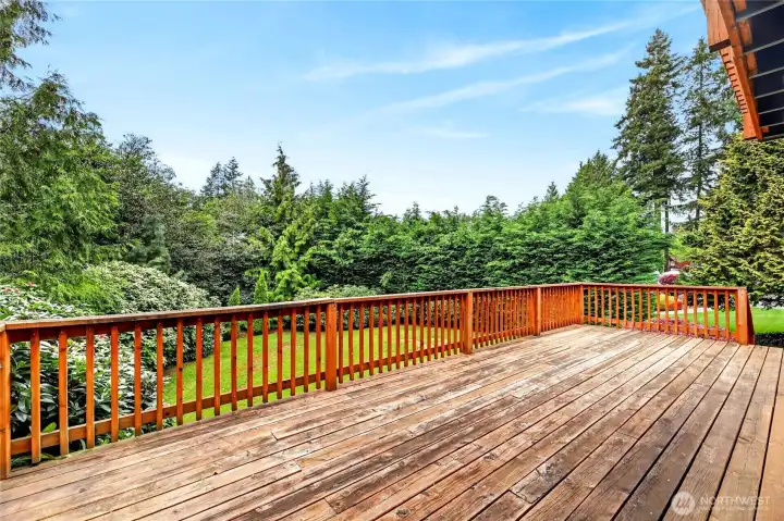 28’ view deck with serene views of mature rhodies and cedars. And steps leading to rear yard with lush green grass.