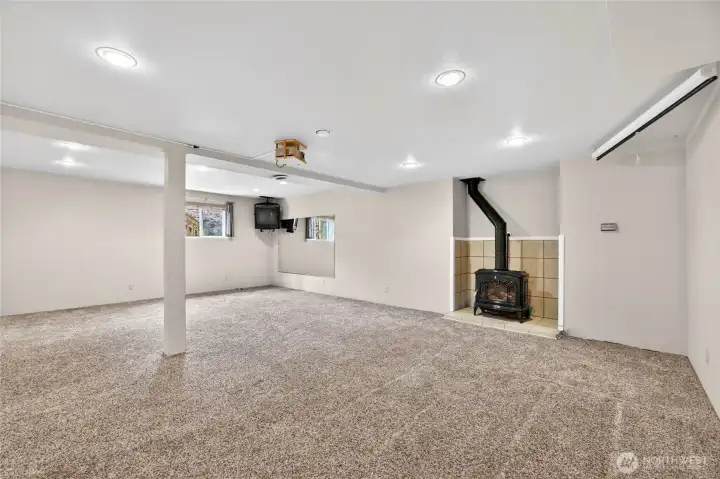 LOWER LEVEL / ADU    Stairway just inside garage door to home – can reinstall door for privacy from lower level     HUGE 17’ X 27’ BONUS ROOM with 2 hall access doors  Pull down projection screen with projector (stays) / JVC TV w/ VHS in corner (stays)  Freestanding gas fireplace with tile surround / Mirror to use while exercising  Window to rear yard – for natural light and opens for fresh air, with blinds and curtain  Recessed lighting