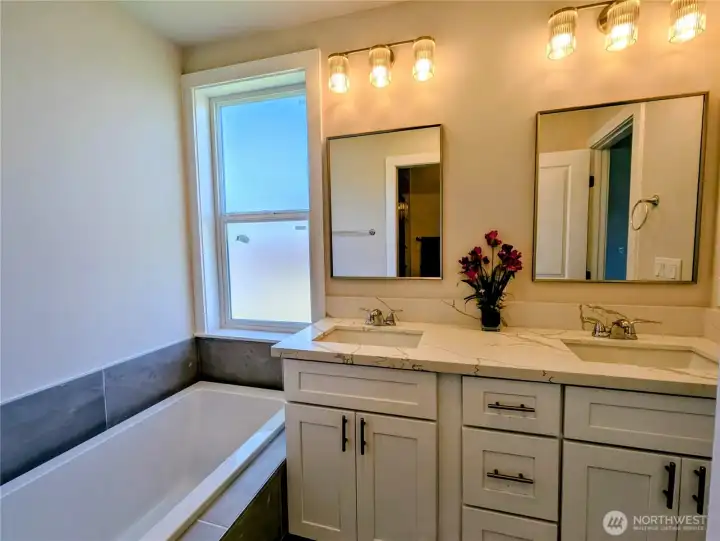 Master bath with double sink and tub.