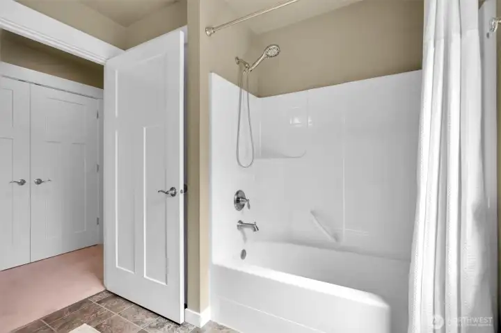Another view of the tub/shower in the full bath. Another view of the tub/shower in the full bath.