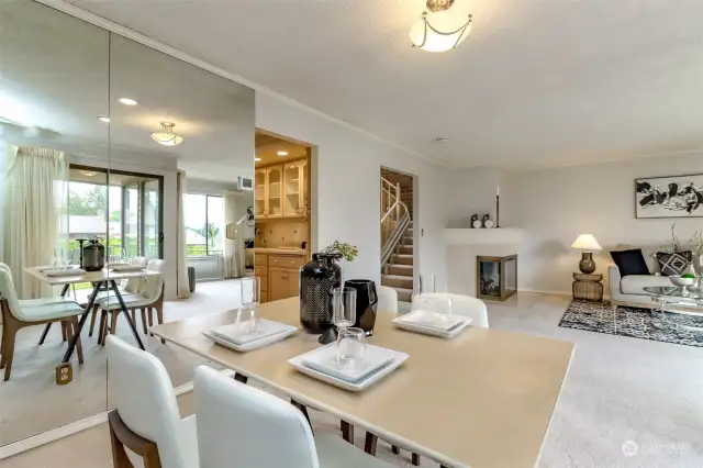 This view from the dining room shows the kitchen on the left.