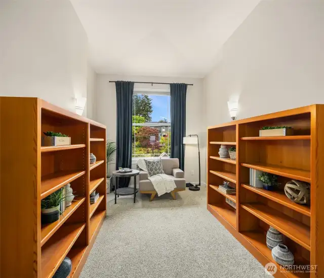 Top-floor loft with built-in shelves