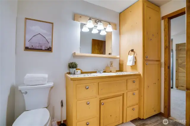 Downstairs bathroom with a shower.